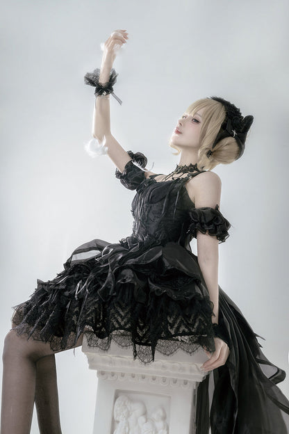 Gothic Lolita Skirt - Rose Memoirs, Black, Lace Trim, Layered, Bow Detail - additional product view 3