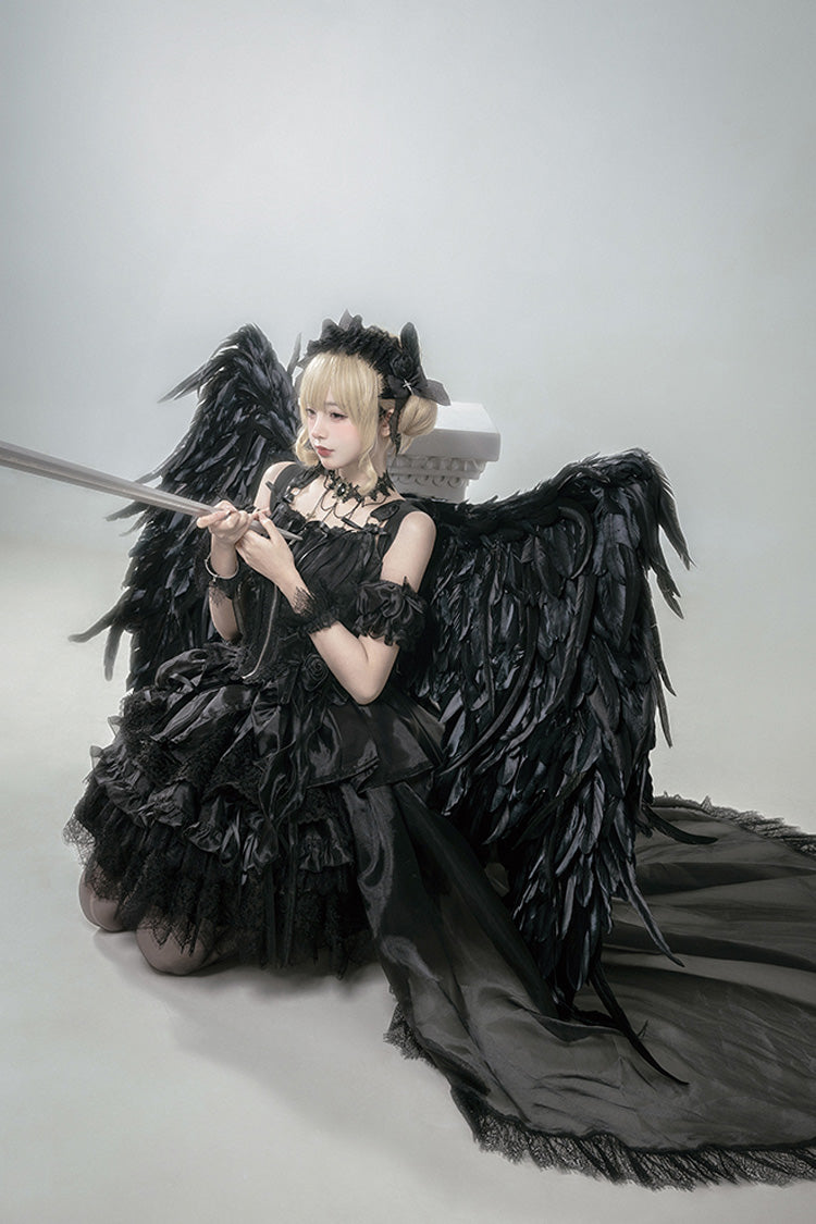 Gothic Lolita Skirt - Rose Memoirs, Black, Lace Trim, Layered, Bow Detail - additional product view 4
