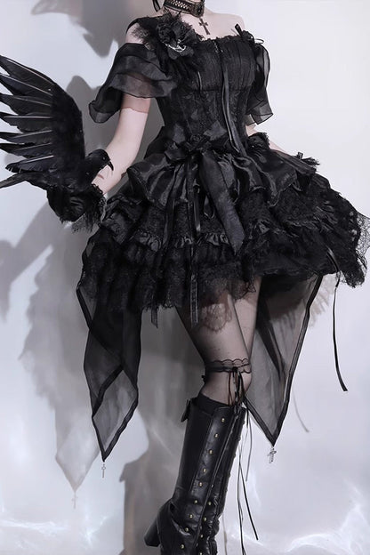 Gothic Lolita Skirt - Rose Memoirs, Black, Lace Trim, Layered, Bow Detail - main product image