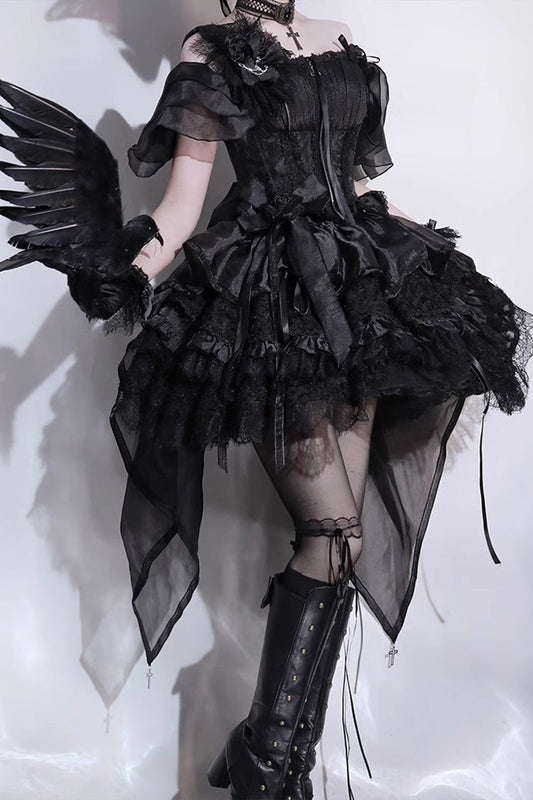 Gothic Lolita Skirt - Rose Memoirs, Black, Lace Trim, Layered, Bow Detail - main product image