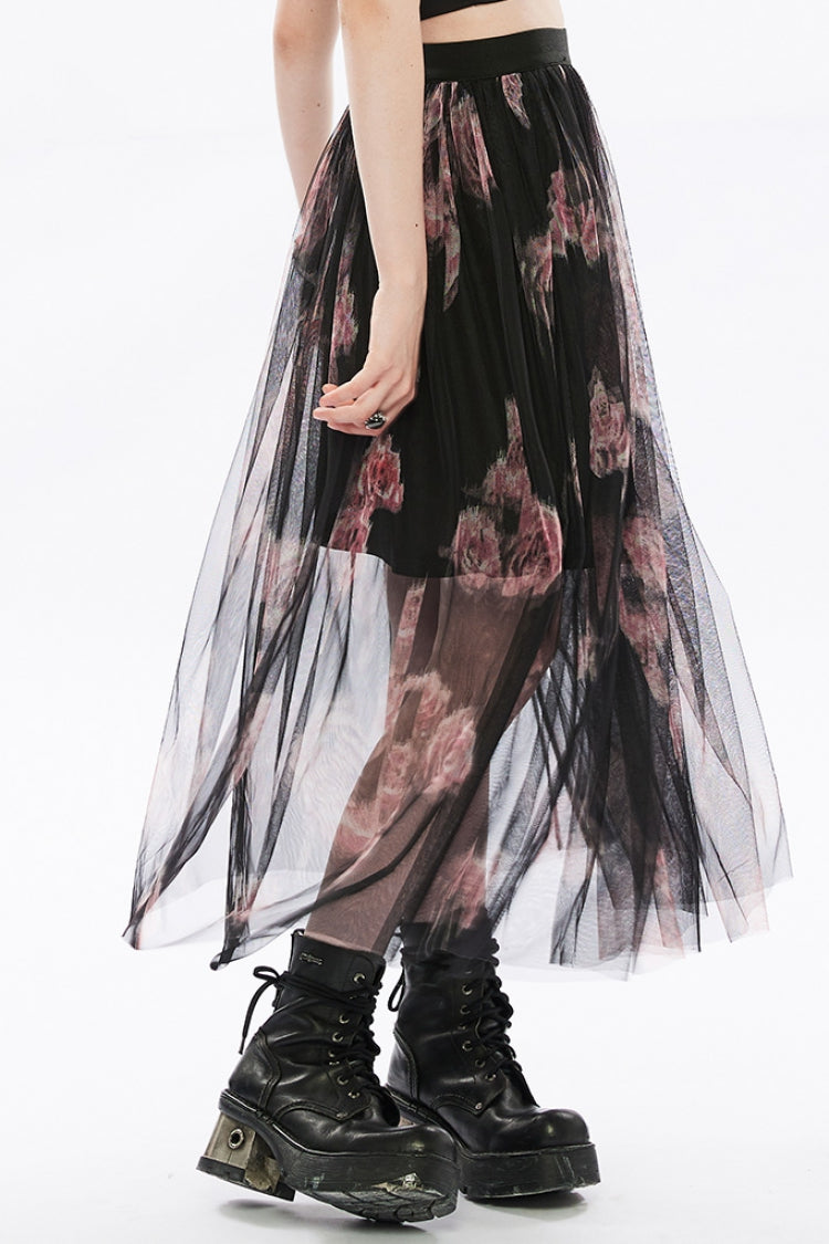 Gothic Lolita Skirt - Rose Print, 2 Colors, Women's Style, Embroidered, Lace Trim - additional product view 2