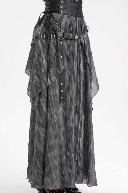 Gothic Lolita Skirt - Ruffle Lace-up Eyelets Rivets, Black, Long Length, Women's Style - additional product view 2