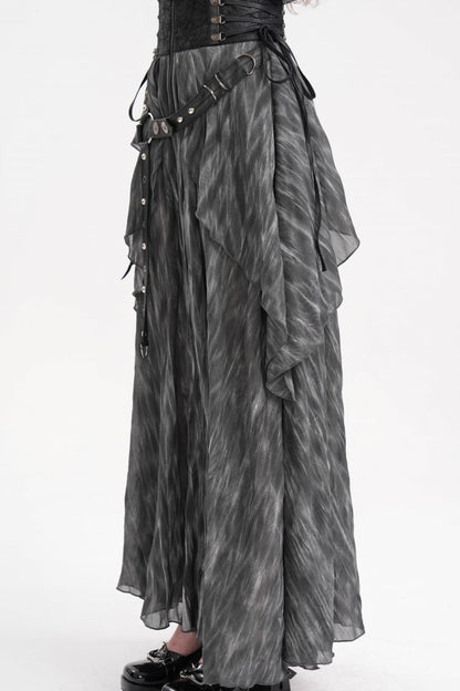 Gothic Lolita Skirt - Ruffle Lace-up Eyelets Rivets, Black, Long Length, Women's Style - additional product view 3