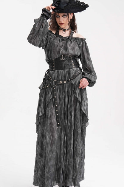 Gothic Lolita Skirt - Ruffle Lace-up Eyelets Rivets, Black, Long Length, Women's Style - additional product view 5