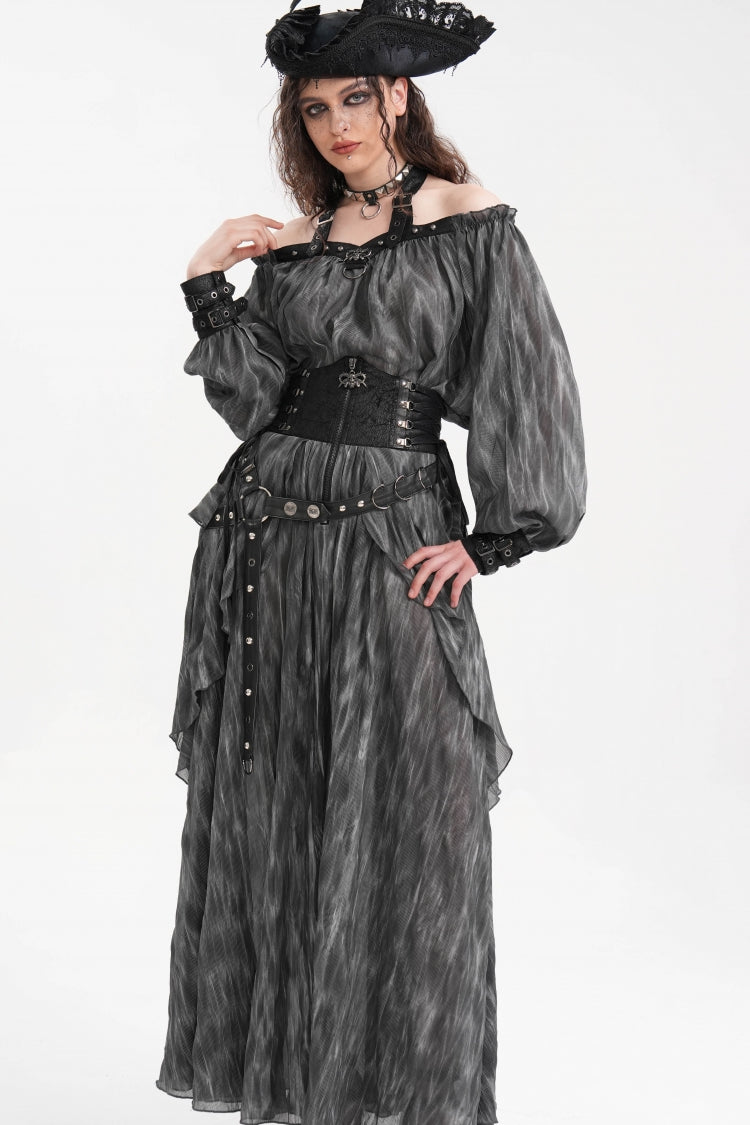 Gothic Lolita Skirt - Ruffle Lace-up Eyelets Rivets, Black, Long Length, Women's Style - additional product view 6