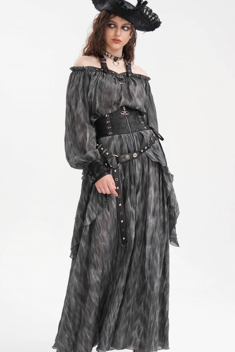 Gothic Lolita Skirt - Ruffle Lace-up Eyelets Rivets, Black, Long Length, Women's Style - additional product view 7