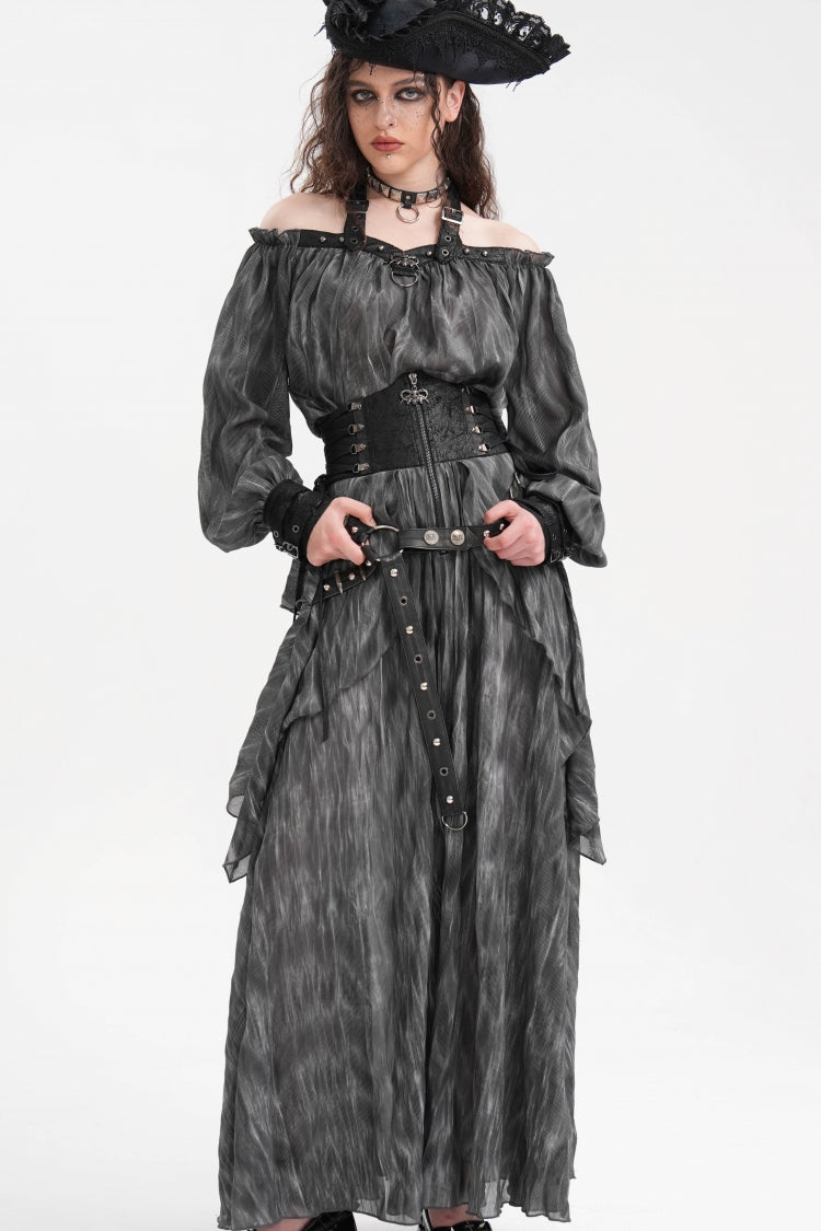 Gothic Lolita Skirt - Ruffle Lace-up Eyelets Rivets, Black, Long Length, Women's Style - additional product view 8