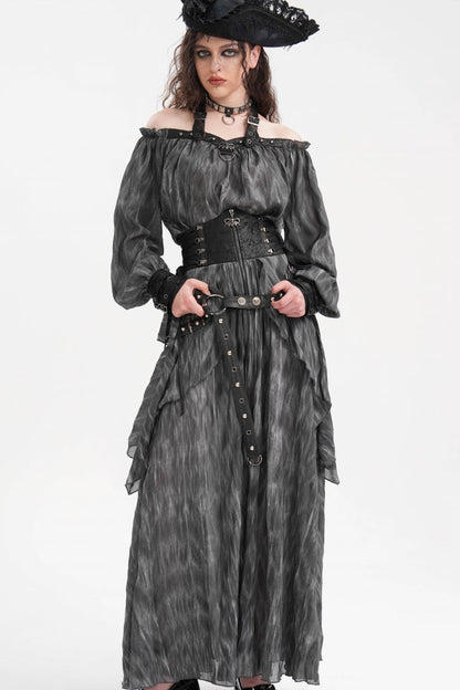 Gothic Lolita Skirt - Ruffle Lace-up Eyelets Rivets, Black, Long Length, Women's Style - additional product view 8