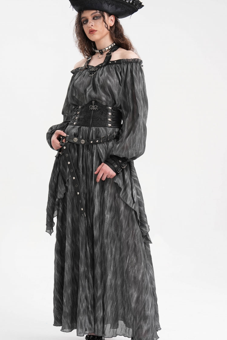 Gothic Lolita Skirt - Ruffle Lace-up Eyelets Rivets, Black, Long Length, Women's Style - additional product view 9