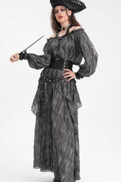 Gothic Lolita Skirt - Ruffle Lace-up Eyelets Rivets, Black, Long Length, Women's Style - additional product view 10