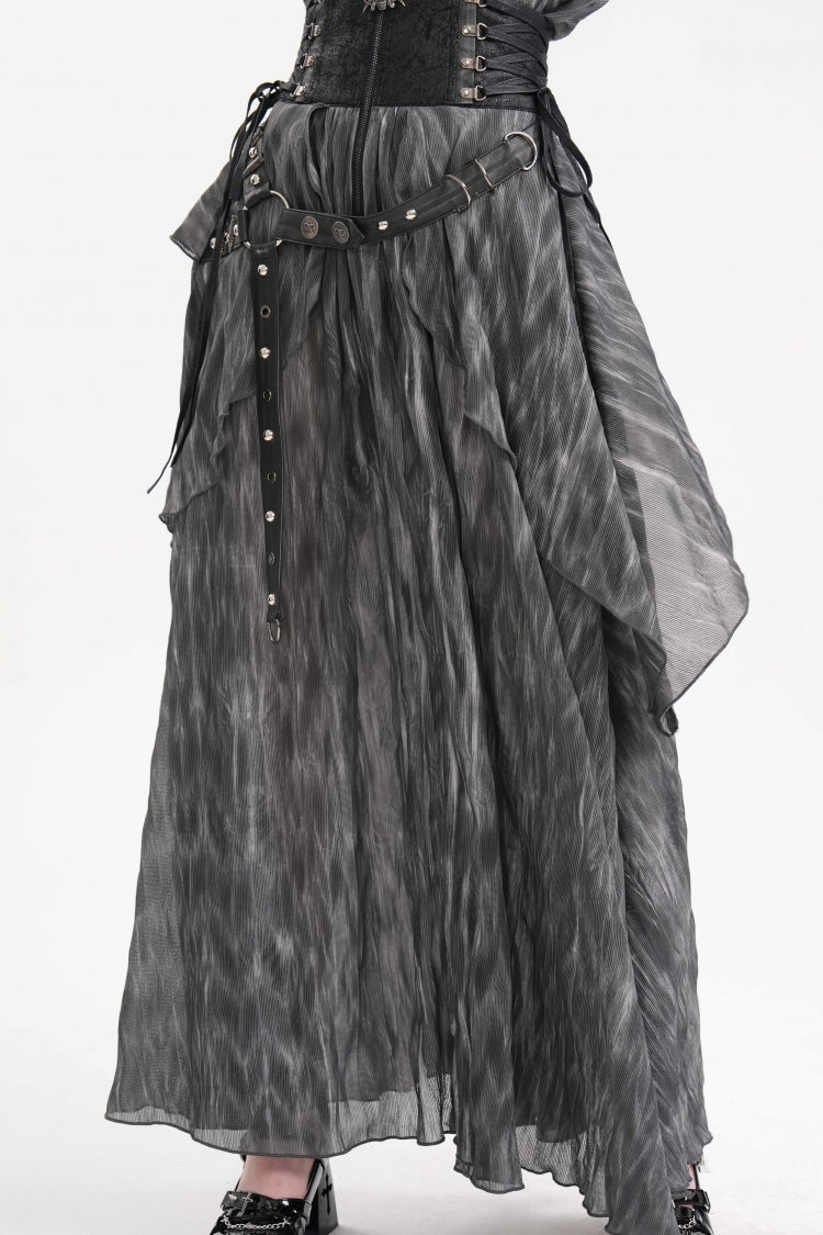 Gothic Lolita Skirt - Ruffle Lace-up Eyelets Rivets, Black, Long Length, Women's Style - main product image