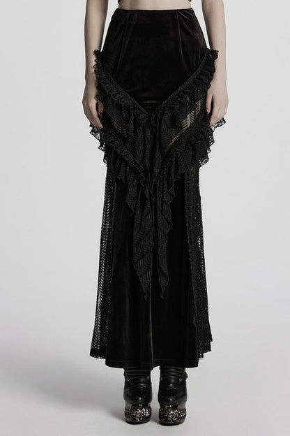 Gothic Lolita Skirt - Ruffle Stitching Lace Fishtail, Black, Fishtail Silhouette - main product image