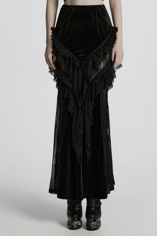 Gothic Lolita Skirt - Ruffle Stitching Lace Fishtail, Black, Fishtail Silhouette - main product image