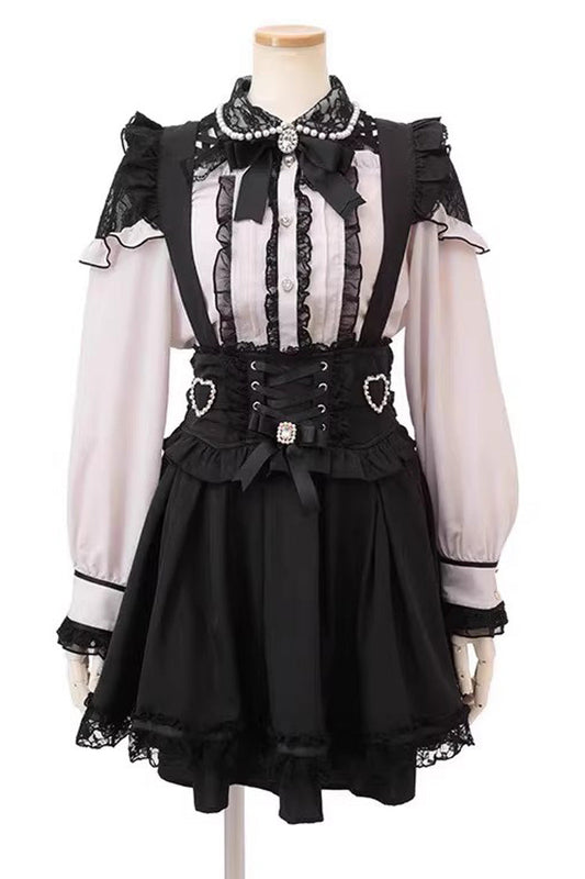 Gothic Lolita Skirt - Ruffled Bow Lace-up, Black, Bow Detail, Lace Trim - main product image