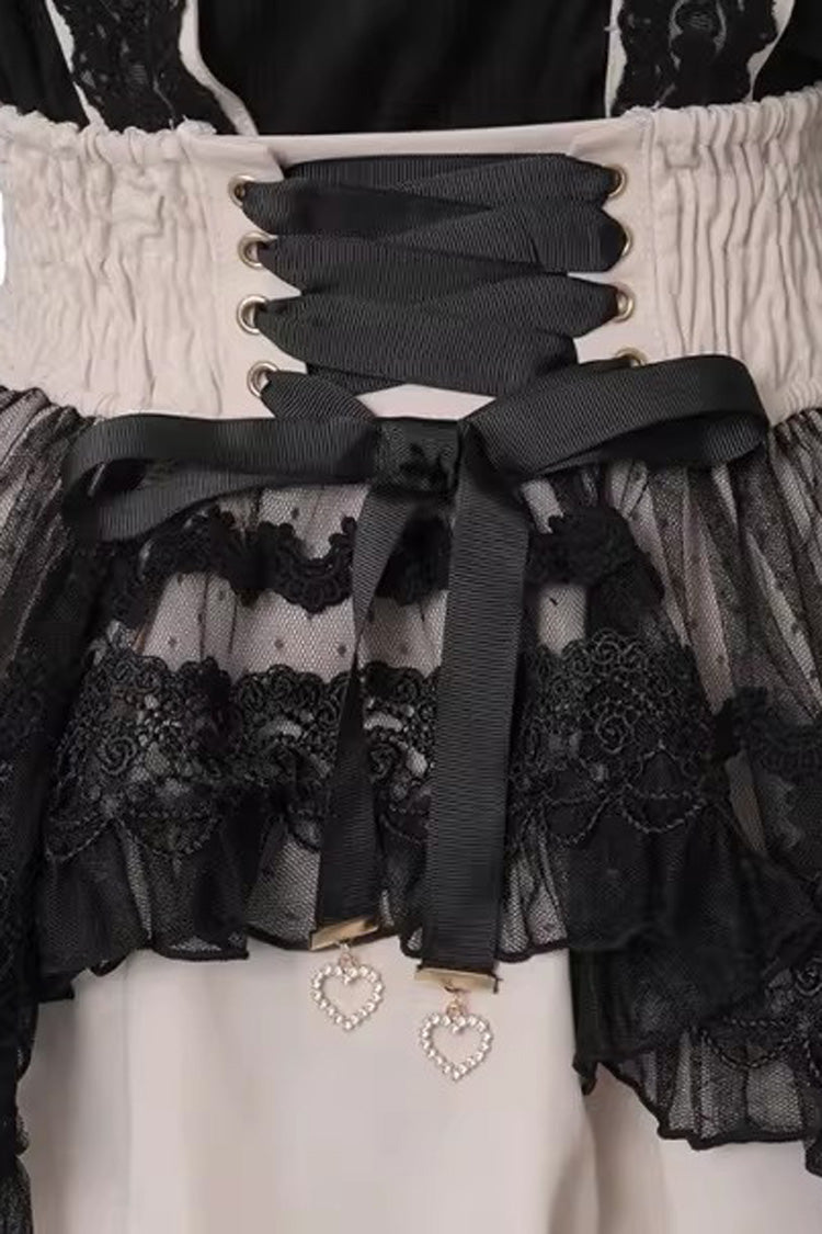 Gothic Lolita Skirt - Sheer Overlay Maid Ruffled, 3 Colors, Bow Detail, Lace Trim, Lace-Up - additional product view 3