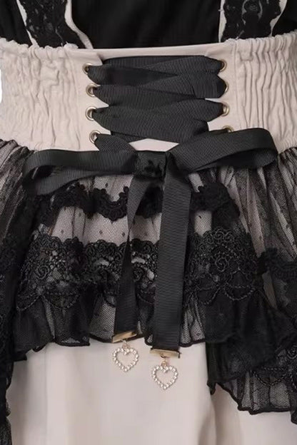 Gothic Lolita Skirt - Sheer Overlay Maid Ruffled, 3 Colors, Bow Detail, Lace Trim, Lace-Up - additional product view 3