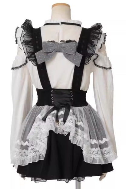 Gothic Lolita Skirt - Sheer Overlay Maid Ruffled, 3 Colors, Bow Detail, Lace Trim, Lace-Up - additional product view 4