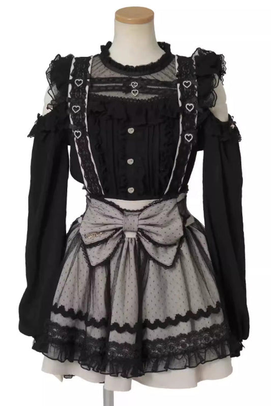 Gothic Lolita Skirt - Sheer Overlay Maid Ruffled, 3 Colors, Bow Detail, Lace Trim, Lace-Up - main product image