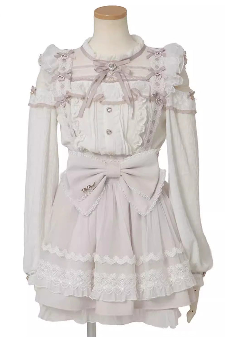 Gothic Lolita Skirt - Sheer Overlay Maid Ruffled, 3 Colors, Bow Detail, Lace Trim, Lace-Up - S Pink / M Pink / L Pink option