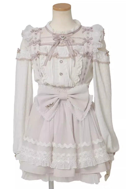 Gothic Lolita Skirt - Sheer Overlay Maid Ruffled, 3 Colors, Bow Detail, Lace Trim, Lace-Up - S Pink / M Pink / L Pink option