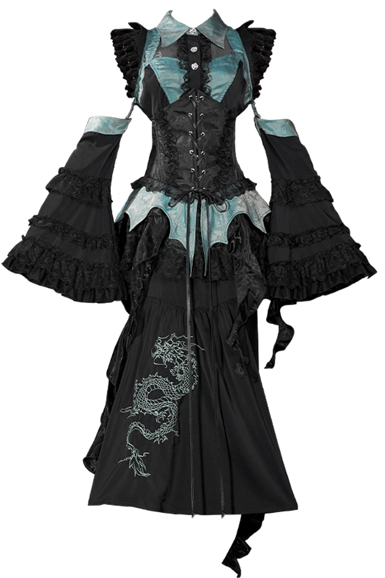 Gothic Lolita Skirt - Sky Dragon, 2 Colors, Printed, Embroidered, Lace-Up - additional product view 3