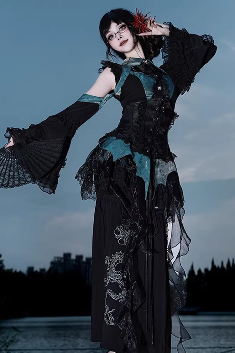 Gothic Lolita Skirt - Sky Dragon, 2 Colors, Printed, Embroidered, Lace-Up - additional product view 4
