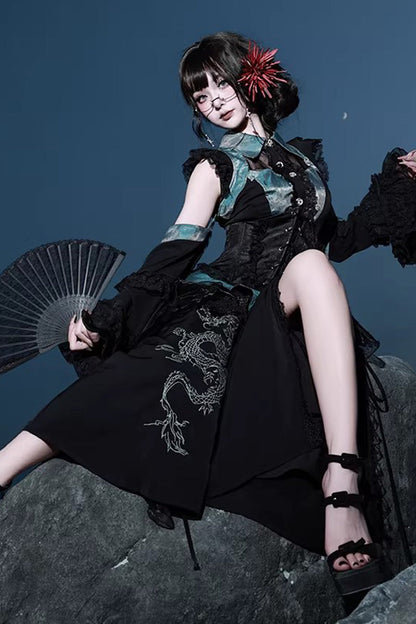 Gothic Lolita Skirt - Sky Dragon, 2 Colors, Printed, Embroidered, Lace-Up - additional product view 5