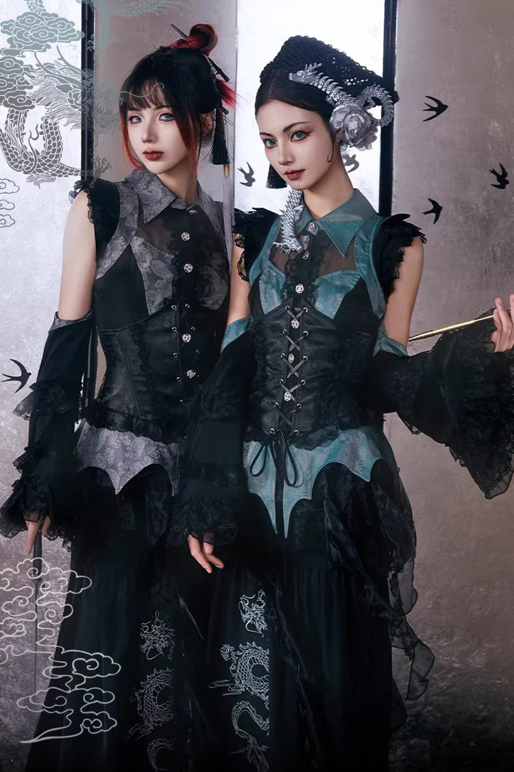 Gothic Lolita Skirt - Sky Dragon, 2 Colors, Printed, Embroidered, Lace-Up - additional product view 6