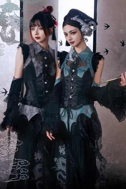 Gothic Lolita Skirt - Sky Dragon, 2 Colors, Printed, Embroidered, Lace-Up - additional product view 6