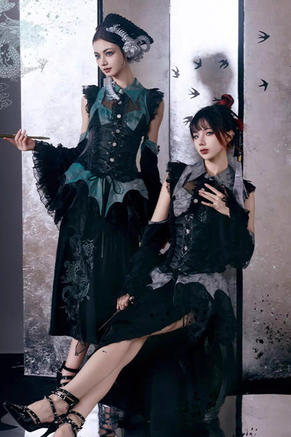 Gothic Lolita Skirt - Sky Dragon, 2 Colors, Printed, Embroidered, Lace-Up - additional product view 7