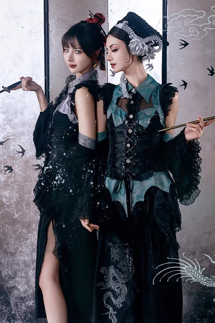 Gothic Lolita Skirt - Sky Dragon, 2 Colors, Printed, Embroidered, Lace-Up - additional product view 8