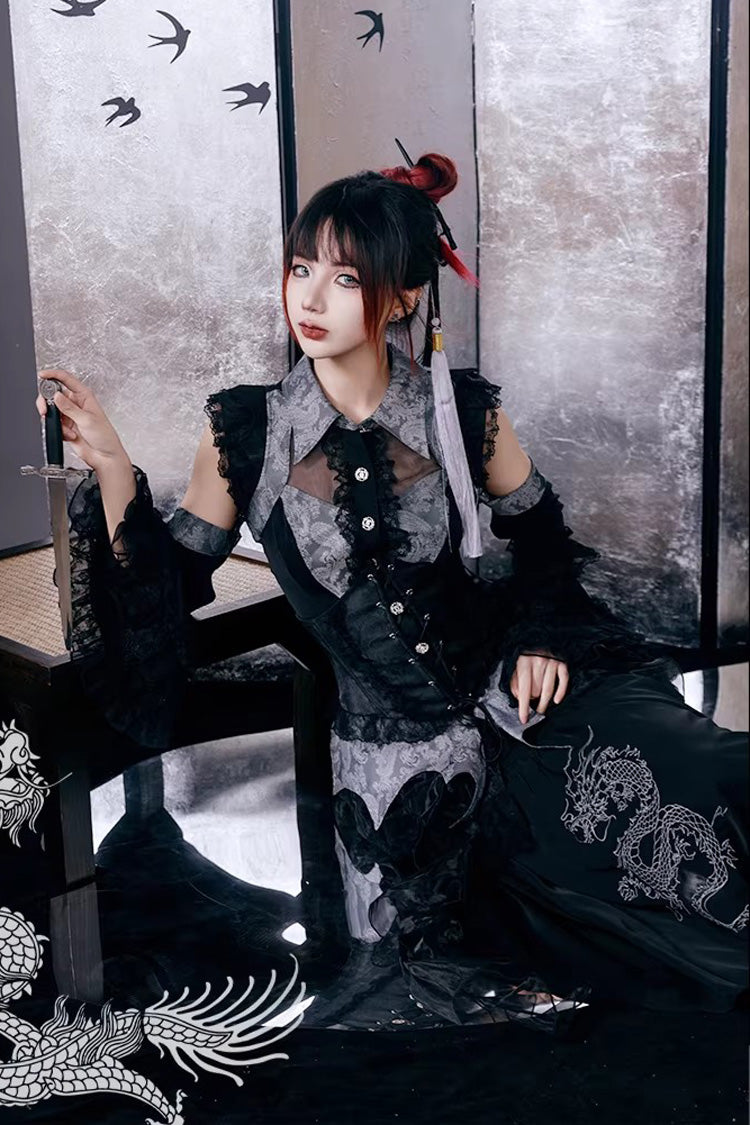 Gothic Lolita Skirt - Sky Dragon, 2 Colors, Printed, Embroidered, Lace-Up - additional product view 10