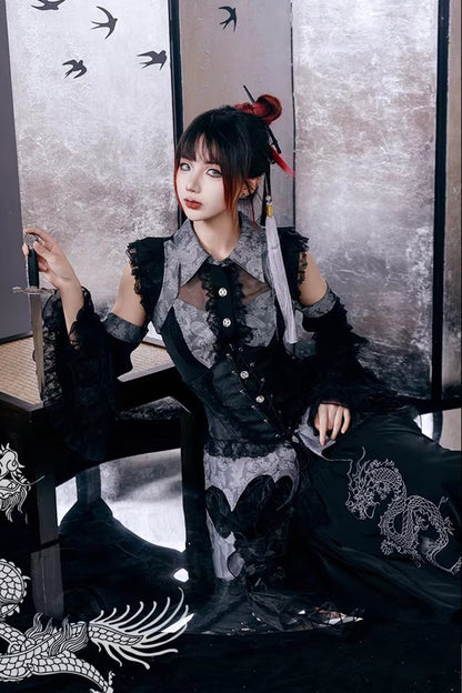 Gothic Lolita Skirt - Sky Dragon, 2 Colors, Printed, Embroidered, Lace-Up - additional product view 10