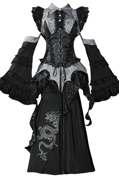 Gothic Lolita Skirt - Sky Dragon, 2 Colors, Printed, Embroidered, Lace-Up - additional product view 14