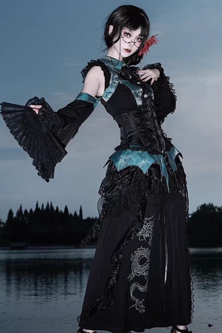 Gothic Lolita Skirt - Sky Dragon, 2 Colors, Printed, Embroidered, Lace-Up - main product image