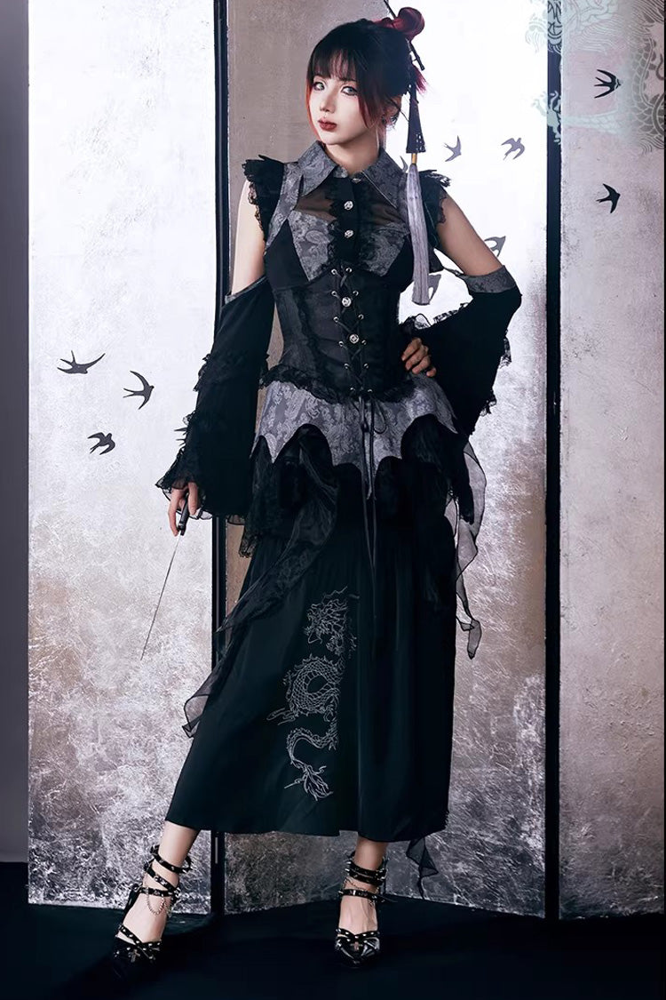 Gothic Lolita Skirt - Sky Dragon, 2 Colors, Printed, Embroidered, Lace-Up - S Black/Grey / M Black/Grey / L Black/Grey option