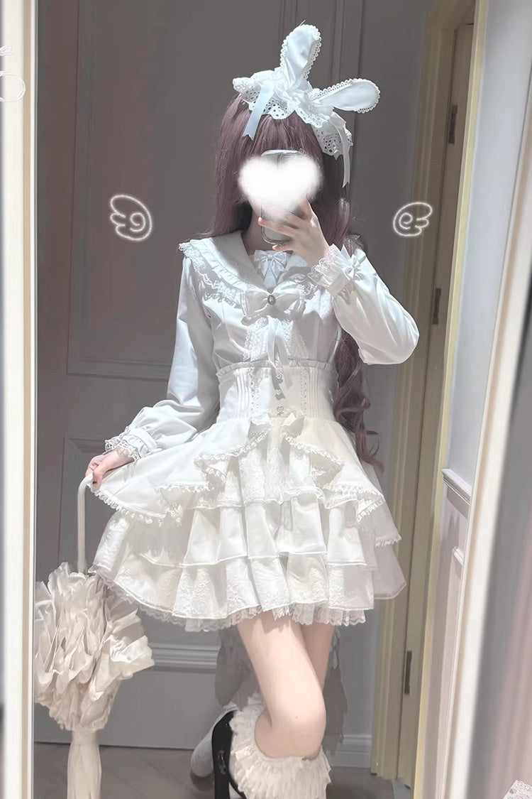 Gothic Lolita Skirt - Snow Season Love Letter, White, Bow Detail, Ruffled, Layered - main product image
