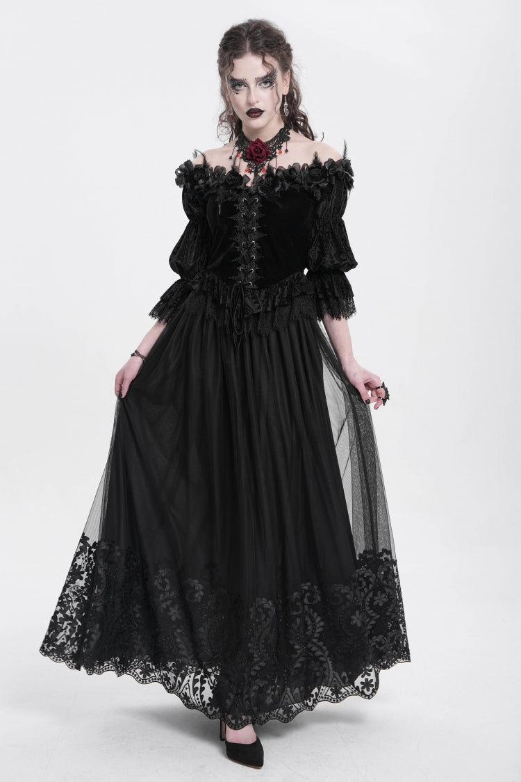 Gothic Lolita Skirt - Stitching Floral Mesh, Black, Women's Style - additional product view 5