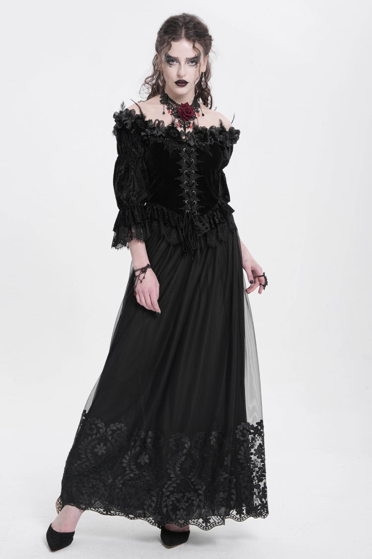 Gothic Lolita Skirt - Stitching Floral Mesh, Black, Women's Style - additional product view 8