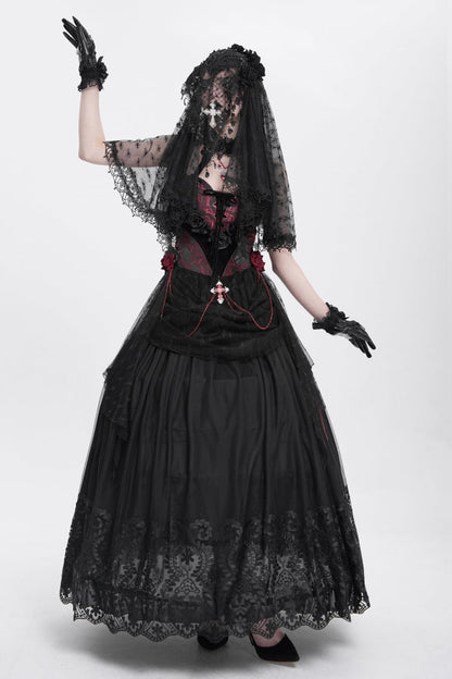 Gothic Lolita Skirt - Stitching Floral Mesh, Black, Women's Style - additional product view 11