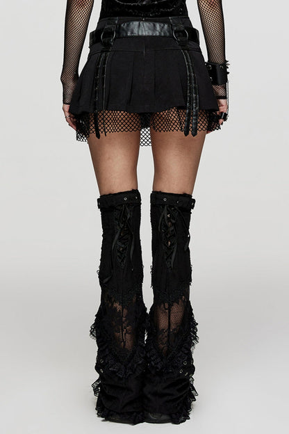 Gothic Lolita Skirt - Stitching Mesh Straps Pleated, Black, Pleated, Women's Style - additional product view 3