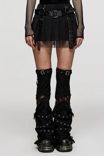 Gothic Lolita Skirt - Stitching Mesh Straps Pleated, Black, Pleated, Women's Style - main product image