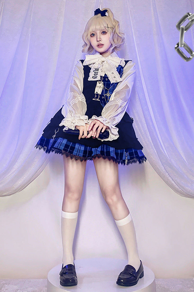 Gothic Lolita Skirt - Subculture Plaid Print, 2 Colors, Plaid, Ruffled, Printed - S Blue/Black / M Blue/Black / L Blue/Black option