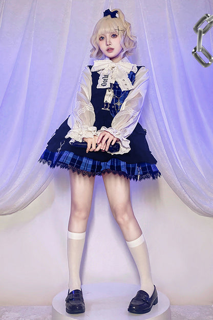Gothic Lolita Skirt - Subculture Plaid Print, 2 Colors, Plaid, Ruffled, Printed - S Blue/Black / M Blue/Black / L Blue/Black option