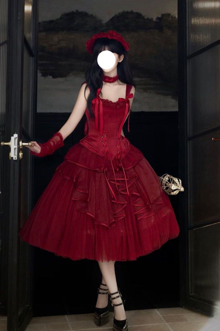 Gothic Lolita Skirt - The Summer Waves Sparkle, Red, Square Collar, Bow Detail, Lace Trim - additional product view 2