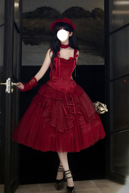 Gothic Lolita Skirt - The Summer Waves Sparkle, Red, Square Collar, Bow Detail, Lace Trim - additional product view 2