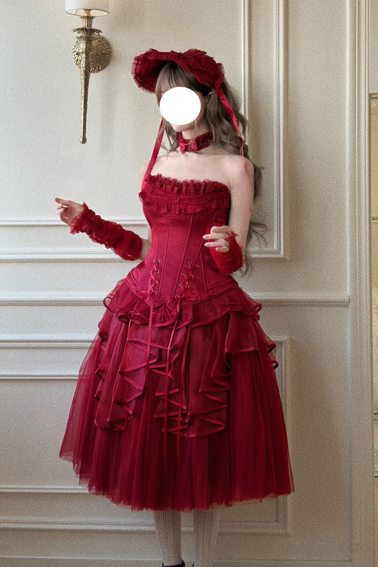 Gothic Lolita Skirt - The Summer Waves Sparkle, Red, Square Collar, Bow Detail, Lace Trim - additional product view 4