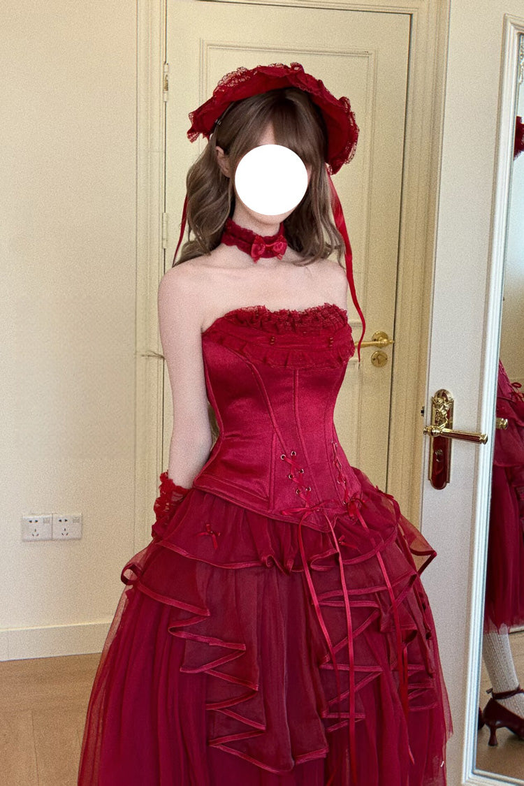 Gothic Lolita Skirt - The Summer Waves Sparkle, Red, Square Collar, Bow Detail, Lace Trim - additional product view 5