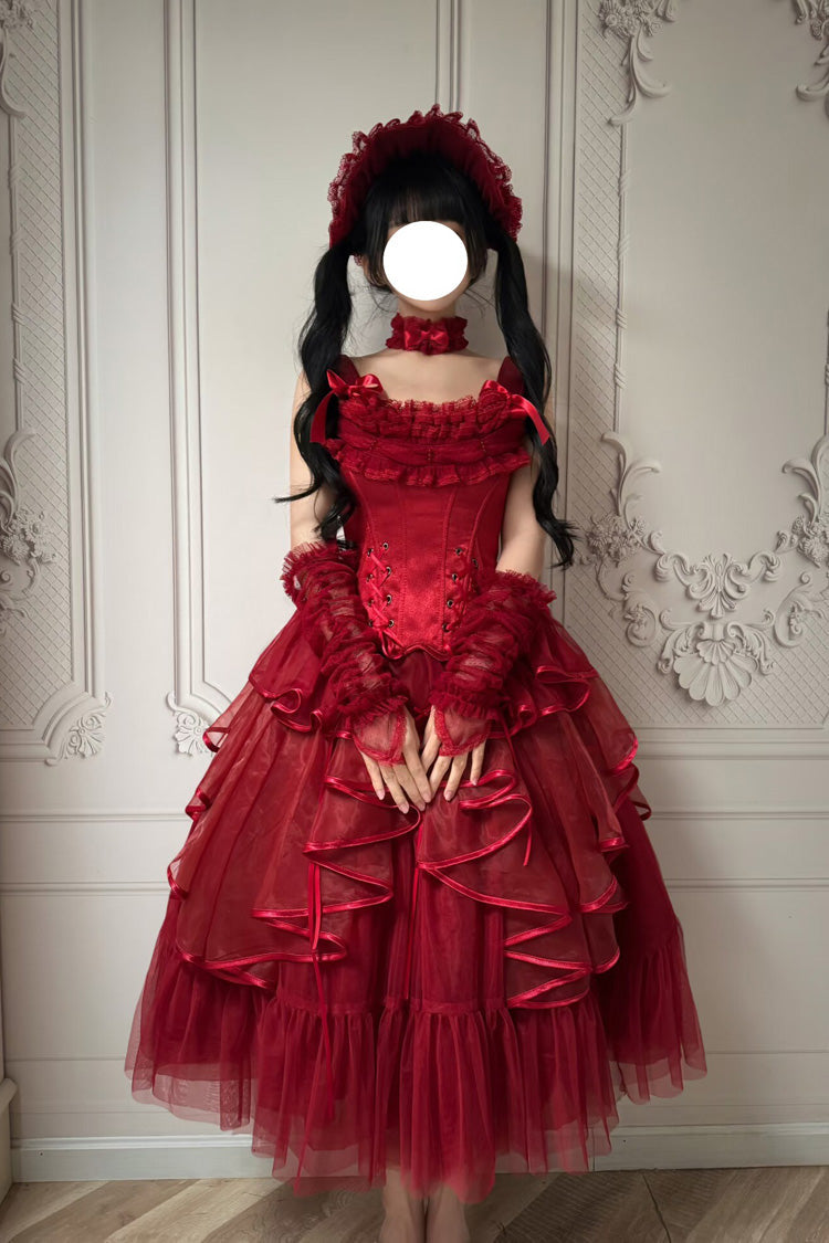 Gothic Lolita Skirt - The Summer Waves Sparkle, Red, Square Collar, Bow Detail, Lace Trim - additional product view 6