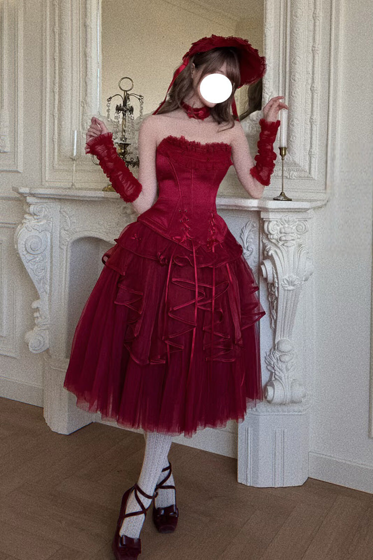 Gothic Lolita Skirt - The Summer Waves Sparkle, Red, Square Collar, Bow Detail, Lace Trim - additional product view 7